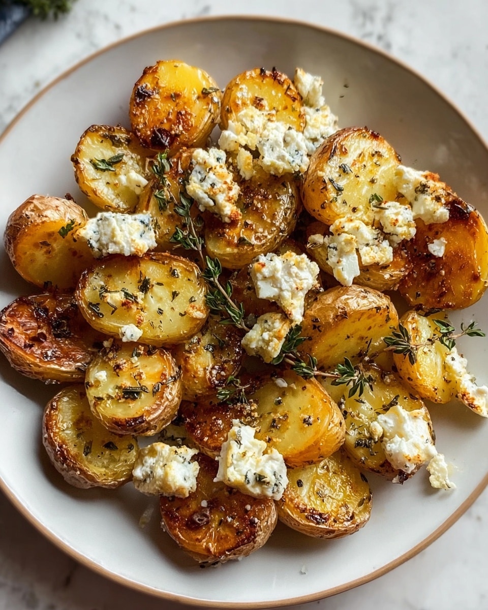 A white plate holds a single layer of golden roasted baby potato halves, each with a crispy browned exterior and soft, warm interior. Scattered evenly on top are small white chunks of cheese that have a slightly toasted surface and crumbly texture. Fresh green sprigs of thyme are delicately sprinkled across the potatoes and cheese, adding a pop of color. The potatoes have a light sprinkling of black pepper and herbs that add texture and contrast to the warm yellow and white tones. The plate rests on a white marbled surface. photo taken with an iphone --ar 4:5 --v 7