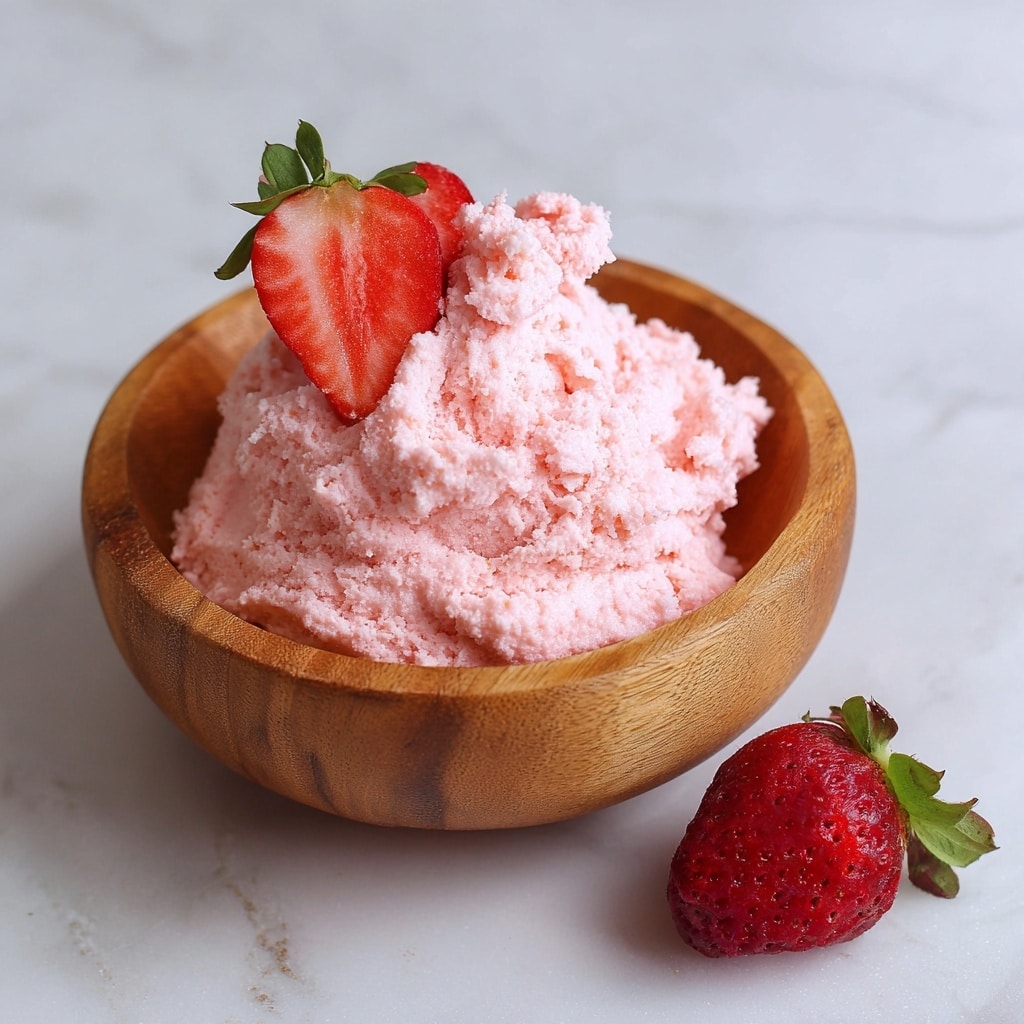 The image shows a close-up of a white spoon holding a fluffy pink mixture with small chunks, likely a dessert or salad. The mixture has a light, airy texture and soft pink color. In the blurred background, there are some fresh red strawberries with green leaves resting on a white marbled surface. The mixture is in a white bowl with a wooden plate underneath it, visible just at the edge of the image. The picture has a bright, fresh look. photo taken with an iphone --ar 4:5 --v 7