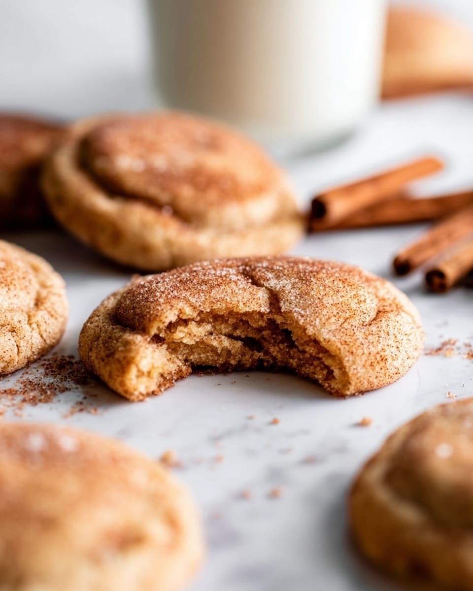 A close-up view of several cinnamon cookies placed on a white marbled surface, with one cookie in the center having a bite taken out to show its soft, crumbly interior texture. The cookies are light brown, slightly cracked on top, and coated with a sugar-cinnamon mix that gives a grainy, sparkling look. In the background, a few cinnamon sticks and a glass of milk are softly blurred, adding warm tones and context to the scene. The overall mood is cozy with a focus on the texture and golden-baked color of the cookies. photo taken with an iphone --ar 4:5 --v 7