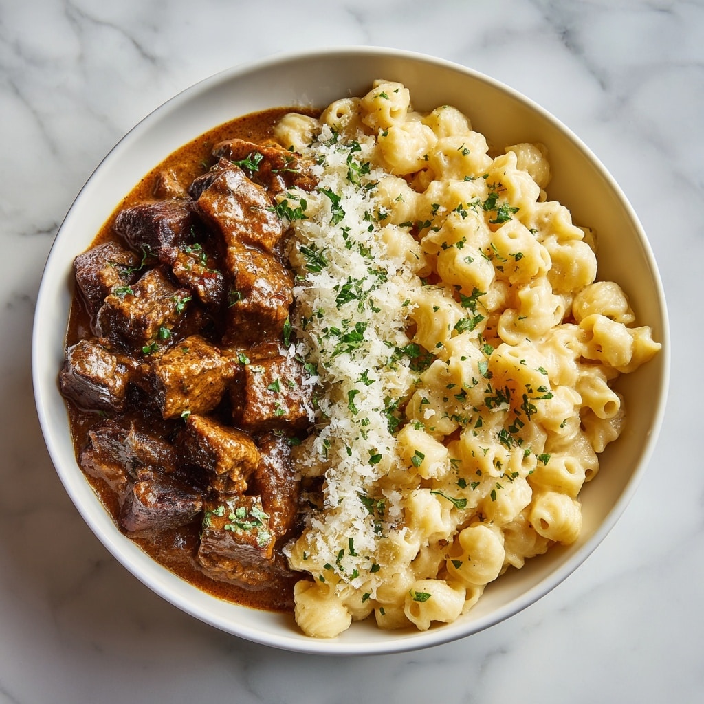 A close-up of a white cooking pot filled with rich, dark brown stew with tender meat chunks covered in a thick sauce. Small pieces of green herbs are sprinkled on top, adding a touch of color. A silver spoon scoops up some stew showing the glossy texture of the sauce and meat. The pot has a bright red handle and is placed on a white marbled surface with a red and white patterned cloth peeking underneath. Photo taken with an iphone --ar 4:5 --v 7