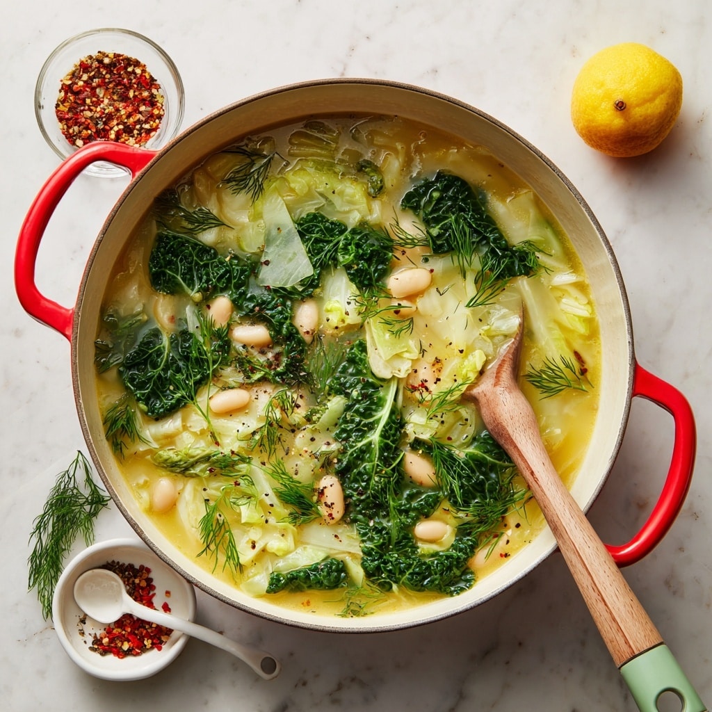 A large white pot with red handles filled with a colorful mix of light beige beans, shredded green cabbage, small diced orange carrots, and green herbs in a clear broth. In the center of the pot, a small pile of finely chopped herbs rests on top of the bean and cabbage mixture. A spatula with a wooden handle and a light green silicon head is resting inside the pot on the right side, partially submerged in the vegetables and broth. Next to the pot on the white marbled surface, there is a small clear bowl with a whole lemon and a white spoon dish holding black pepper and red chili flakes. The scene is bright and clean, with the white marbled texture background highlighting the natural colors of the ingredients. photo taken with an iphone --ar 4:5 --v 7