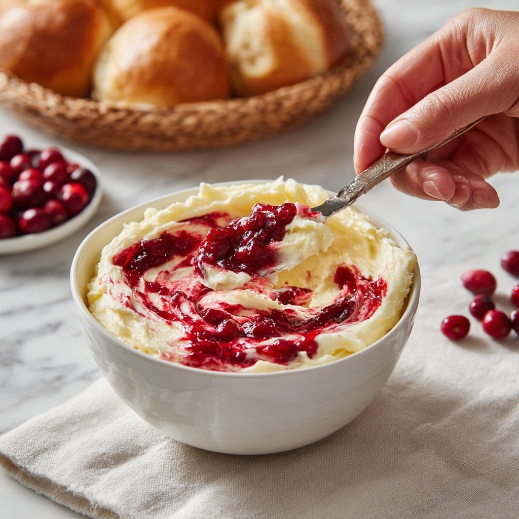 A close-up view of a woman's hand holding a small round bread roll spread with creamy butter mixed with a deep red berry jam, creating a swirled pattern of white and dark red. Next to the bread is a small white bowl filled with more creamy butter topped with the same dark red berry jam, showing smooth yellow and red swirls with chunks of berries on top. The scene is set on a white marbled surface, with scattered fresh dark red berries around and a honey dipper with shiny honey nearby. The light is soft, highlighting the creamy texture and the rich color contrast. photo taken with an iphone --ar 4:5 --v 7