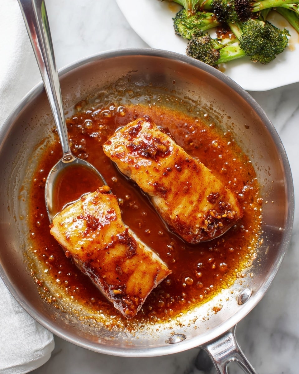 Two thick pieces of salmon fillet sit side by side on the right of a white rectangular plate, covered in a shiny, dark brown glaze sauce that pools slightly beneath them, with a smooth, moist texture and a few caramelized bits on top. To the left of the fish, there is a heap of roasted broccoli with charred spots, showing a mix of bright and dark green colors and a slightly crisp texture. The plate rests on a white marbled surface. photo taken with an iphone --ar 4:5 --v 7