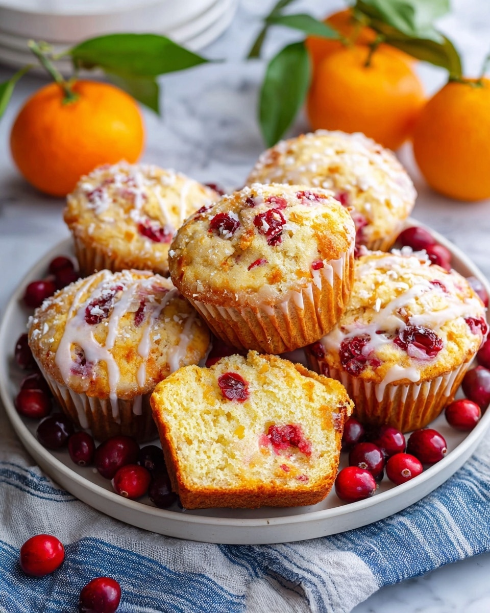 A round white tray holds seven golden-brown muffins with visible red cranberries and a white sugary drizzle on top. One muffin is cut in half and placed on top, showing a soft, light yellow inside speckled with bright red cranberry pieces. Fresh whole cranberries are scattered around the muffins on the tray. In the background, two whole bright orange tangerines with green leaves sit on a white marbled surface. A blue and white striped cloth is placed underneath the tray, adding a touch of cozy detail. photo taken with an iphone --ar 4:5 --v 7