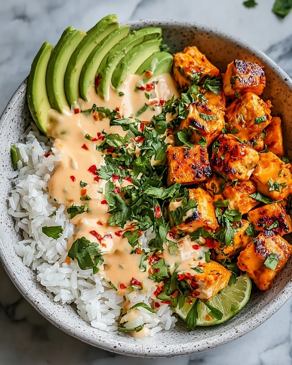 A white speckled bowl holds a colorful dish with four main parts carefully arranged in layers. The bottom layer is fluffy white rice with a few small green herb leaves scattered on top. To one side, thin slices of bright green avocado fan out neatly. Next to the avocado, a creamy light orange sauce with small red chili flakes and chopped green herbs is drizzled, partially covering the rice. The last section of the bowl is filled with charred, golden-orange cubes of grilled chicken, scattered with fresh herb leaves. The bowl is set on a white marbled surface. photo taken with an iphone --ar 4:5 --v 7