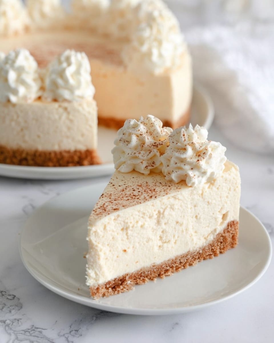 The image shows a creamy pie with three layers. The bottom layer is a rough, crumbly, golden-brown crust that lines the clear pie dish. The middle layer is a thick, smooth, pale yellow cream filling that covers the whole crust evenly. The top layer is made of white swirled dollops of whipped cream spaced evenly around the edge of the pie. The pie dish sits on a white marbled surface with a cloth that has gold, gray, and white dots in the background. photo taken with an iphone --ar 4:5 --v 7