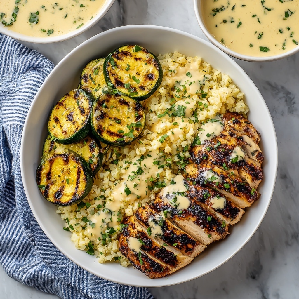 A white bowl filled with a bed of fluffy, light beige cauliflower rice covers the entire bottom. On the left side, there are nine grilled chicken pieces with a golden-brown color and dark grill marks, each topped with drizzles of creamy beige sauce with herbs. On the right side, there is a generous round dollop of the same creamy sauce garnished with small green herb pieces. Below the sauce, several thin lemon slices layered slightly overlapping showcase their bright yellow color with green herbs on top. The bowl sits on a white marbled texture with a blue and white striped cloth partially visible at the bottom left corner. Photo taken with an iphone --ar 4:5 --v 7