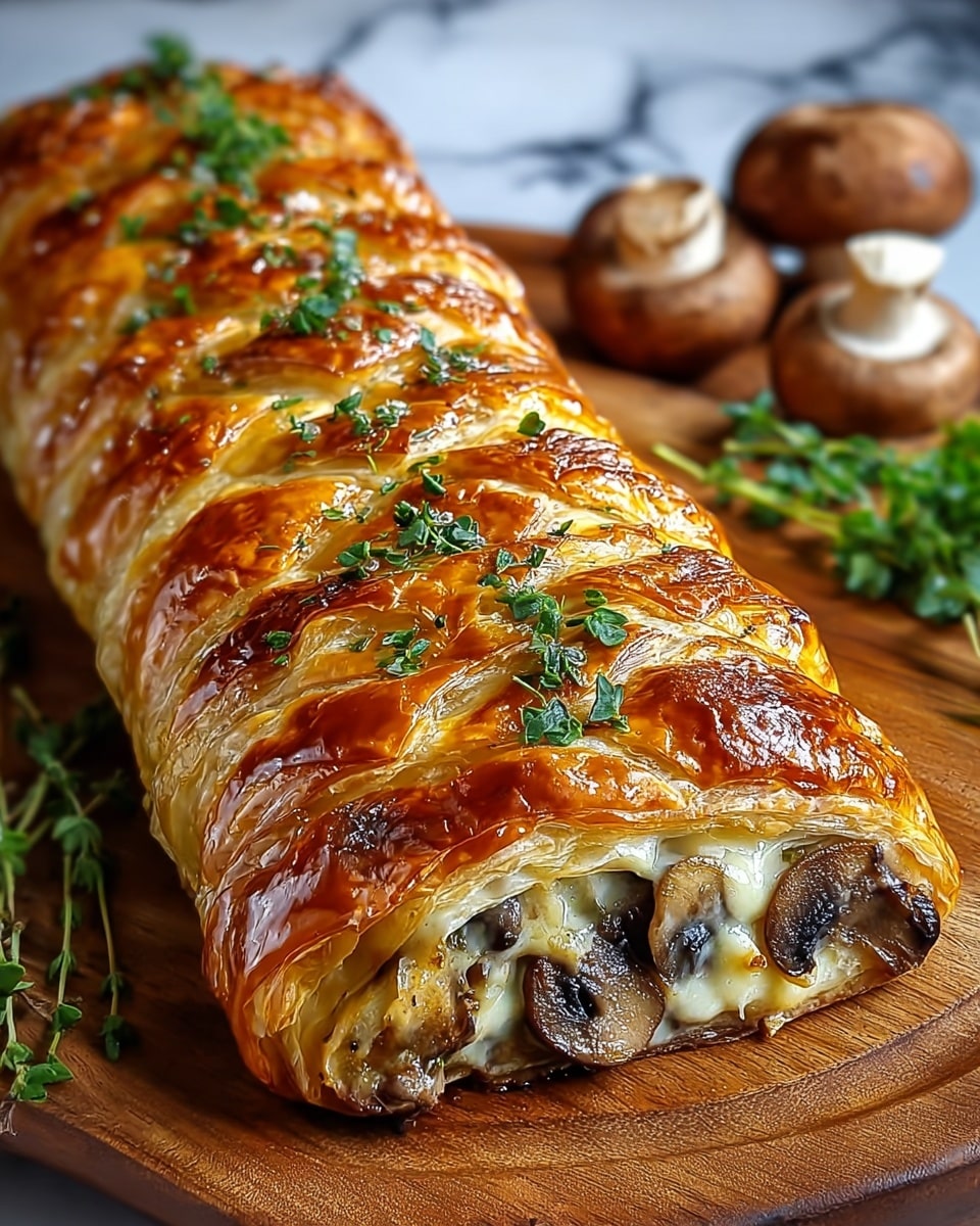 A long pastry roll features about ten visible layers of golden-brown, crispy puff pastry woven on top with a shiny, caramelized glaze. Inside, there is a creamy layer mixed with dark brown sautéed mushroom slices evenly spread along the length of the roll. Small green herb leaves are scattered over the top, adding a fresh touch. The roll sits on a wooden board, while blurred brown mushrooms and green herbs rest on a white marbled texture in the background. photo taken with an iphone --ar 4:5 --v 7