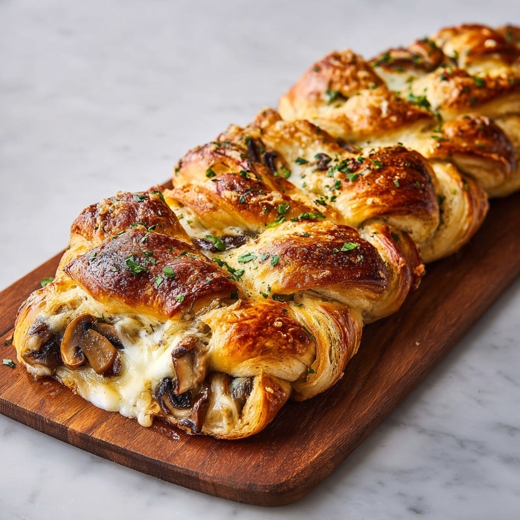 A long braided pastry filled with creamy melted cheese and mushrooms is placed on a wooden board on a white marbled surface. The pastry is golden brown with a glossy, crispy crust and some sprinkled green herbs on top. The filling is visible at the end, showing layers of soft white cheese melted together with dark brown sautéed mushrooms and fresh green herbs. The braid pattern creates several sections, each with a shiny, textured crust that contrasts with the smooth creamy filling inside. Photo taken with an iphone --ar 4:5 --v 7