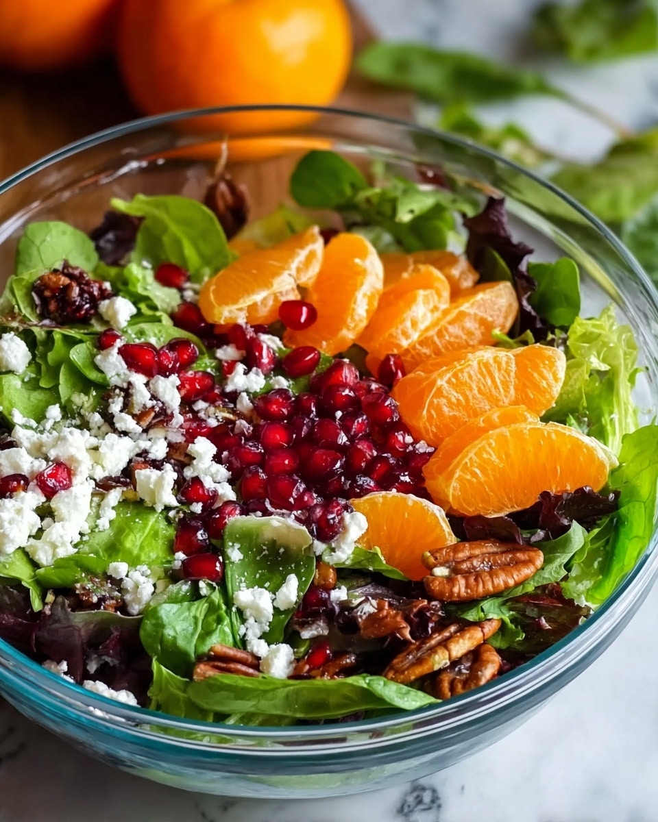 A clear glass bowl holds a fresh salad with several layers: at the bottom are bright green spinach and mixed leafy greens, topped with vibrant orange mandarin slices scattered evenly. Red pomegranate seeds are spread throughout, adding a pop of jewel-like color, while small white crumbles of cheese are sprinkled on top, contrasting with the greens and fruits. Pieces of crunchy brown nuts are mixed in, giving texture. The bowl sits on a white marbled surface, and in the background, some whole mandarins with green leaves are slightly out of focus. photo taken with an iphone --ar 4:5 --v 7