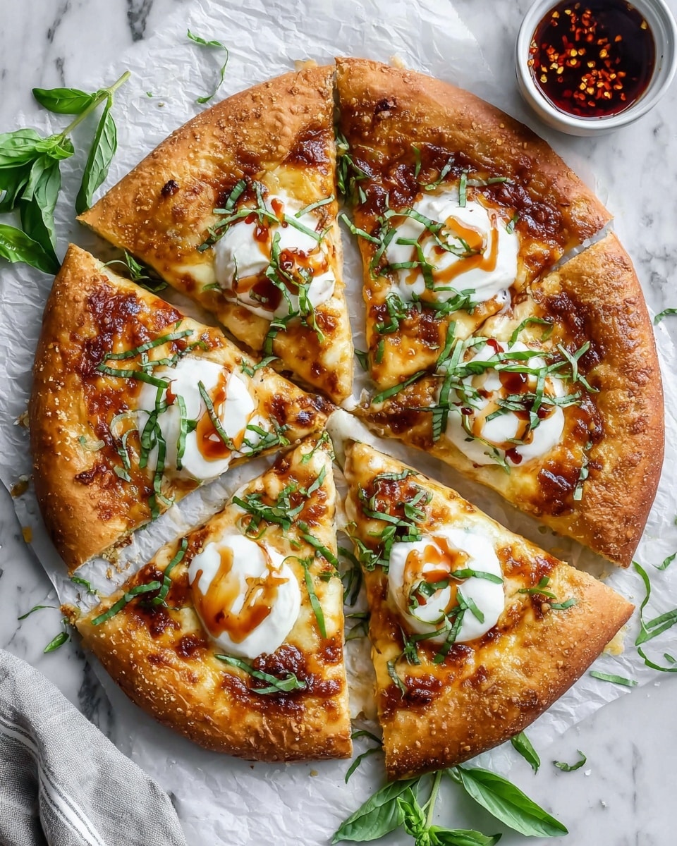 A round pizza with a thick, golden-brown crust sits on a white plate. The pizza is cut into six slices, with one slice slightly pulled out. The base layer is melted cheese with a rich orange tint. On top, there are dollops of smooth white cream cheese or ricotta, each sprinkled with red chili flakes and small bits of fresh chopped green basil leaves. A drizzle of bright red-orange hot sauce is spread across the pizza, adding a glossy finish. Fresh whole basil leaves decorate the top and the white marbled surface around the plate. photo taken with an iphone --ar 4:5 --v 7