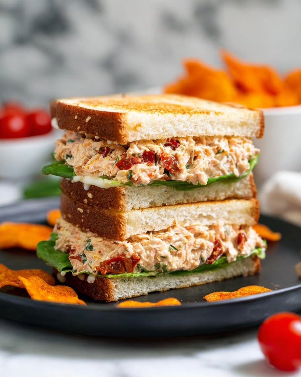 The image shows a clear glass bowl filled with a mix of shredded chicken, small pieces of green celery, red onion bits, and sun-dried tomato chunks mixed with a creamy dressing, giving it a slightly pinkish cream color with green and red spots throughout. A silver spoon is stuck into the mixture on the right side of the bowl. The bowl is placed on a white marbled surface. photo taken with an iphone --ar 4:5 --v 7