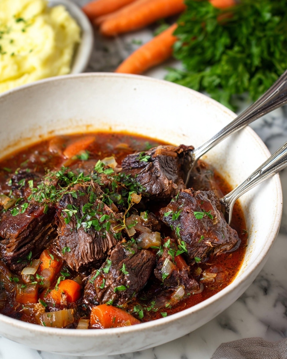 The dish shows large pieces of dark brown, slow-cooked beef in a white bowl, sitting in a rich reddish-brown stew with visible diced orange carrots and translucent cooked onions. The beef is sprinkled with finely chopped green herbs on top. Two silver forks are placed inside the bowl, catching some beef. In the background, there are whole orange carrots and fresh green parsley on a white marbled surface. Part of a white plate with creamy yellow mashed potatoes is also visible. photo taken with an iphone --ar 4:5 --v 7
