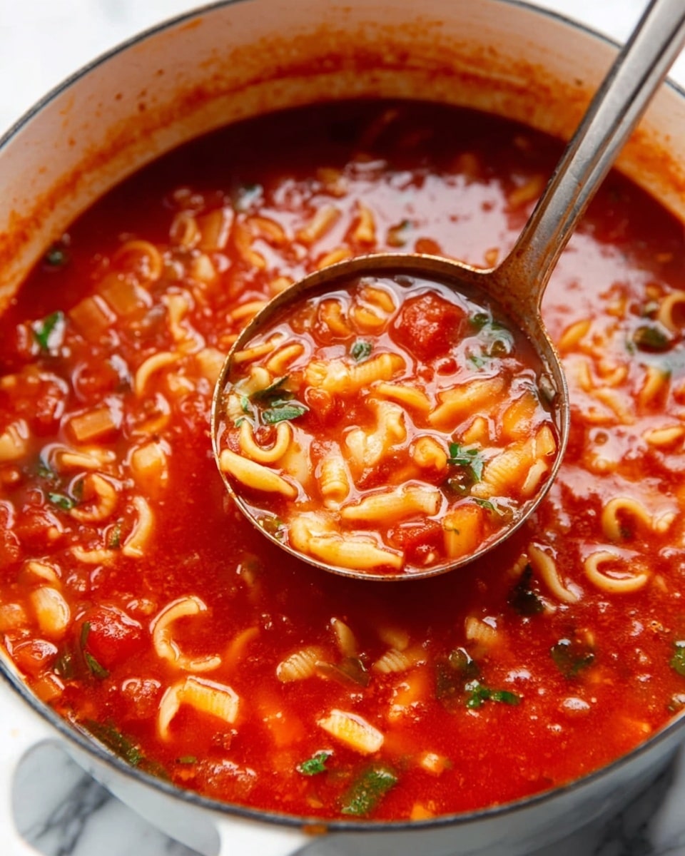 A close-up view of a white pot filled with rich red tomato soup that has visible small pasta pieces and green herbs spread throughout. A silver ladle is lifting some soup out of the pot, showing the texture of the liquid with soft, curved pasta and bits of herbs. The soup surface is shiny and smooth with a thick appearance. The background is a white marbled texture. Photo taken with an iphone --ar 4:5 --v 7