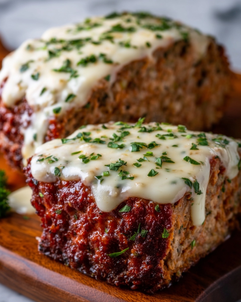 The image shows two thick meatloaf slices on a wooden board, each covered with a melted layer of white cheese that drips slightly down the sides. On top of the cheese, there are small green herb sprinkles scattered evenly, adding color contrast. The meatloaf has a rich, crispy dark brown outer crust with a moist, dense, and reddish-brown interior visible on the cut edges. The background surface is a white marbled texture. Photo taken with an iphone --ar 4:5 --v 7