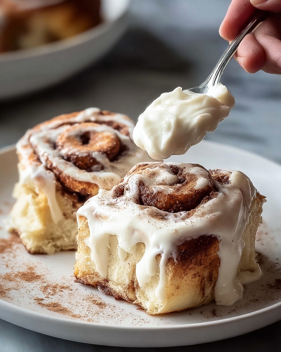 Two cinnamon rolls with a thick layer of white cream cheese frosting dripping down their sides are placed closely on a white plate. The rolls show dark brown spiral layers of cinnamon sugar filling inside soft, golden-baked dough that looks fluffy and moist. The frosting covers the tops unevenly and is sprinkled with fine cinnamon powder, adding a warm brown dusting above. A silver spoon held by a woman's hand is in the act of scooping some thick white frosting from the top of the right roll. The scene is set on a white marbled textured surface. photo taken with an iphone --ar 4:5 --v 7