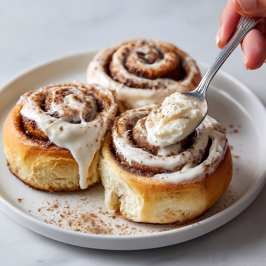 A close-up of a creamy dessert with three visible layers: the bottom layer is a soft, light brown sponge cake, the middle layer is a smooth, white cream filling, and the top layer is a thick, frothy whipped cream dusted generously with cocoa powder. The cream is melting over the sides of the cake in soft waves, creating a rich texture contrast. A spoon, held by a woman's hand, scoops up a large bite, showing the mix of cream and cake. The dessert sits on a white plate with a light blue base, against a white marbled texture background. Photo taken with an iphone --ar 4:5 --v 7