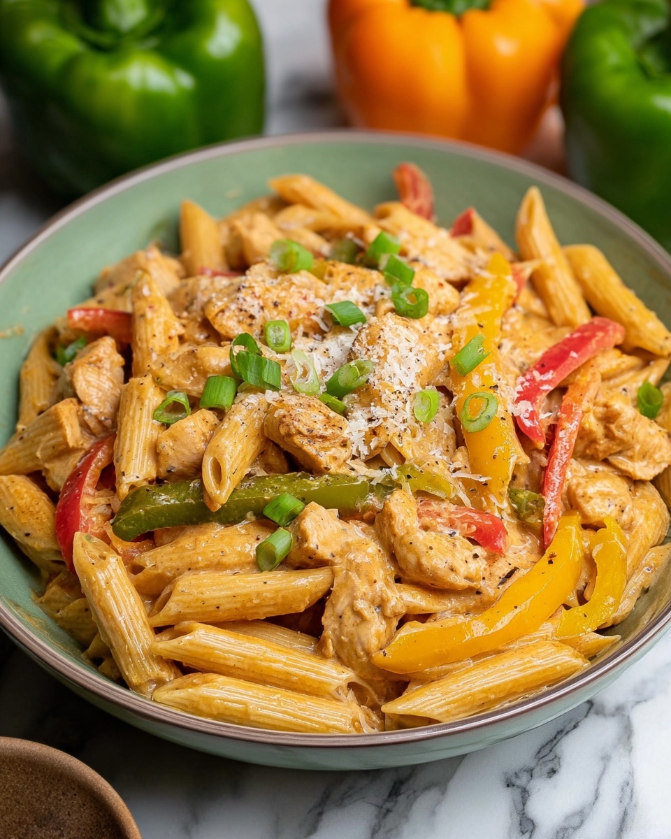 A bowl filled with creamy penne pasta mixed with pieces of cooked chicken and slices of red, yellow, and green bell peppers, all coated in a light orange sauce. The pasta is topped with small green onion slices and a sprinkle of grated cheese with a bit of black pepper. The food is in a round bowl with a muted green color placed on a white marbled surface with whole green and orange bell peppers in the background. photo taken with an iphone --ar 4:5 --v 7