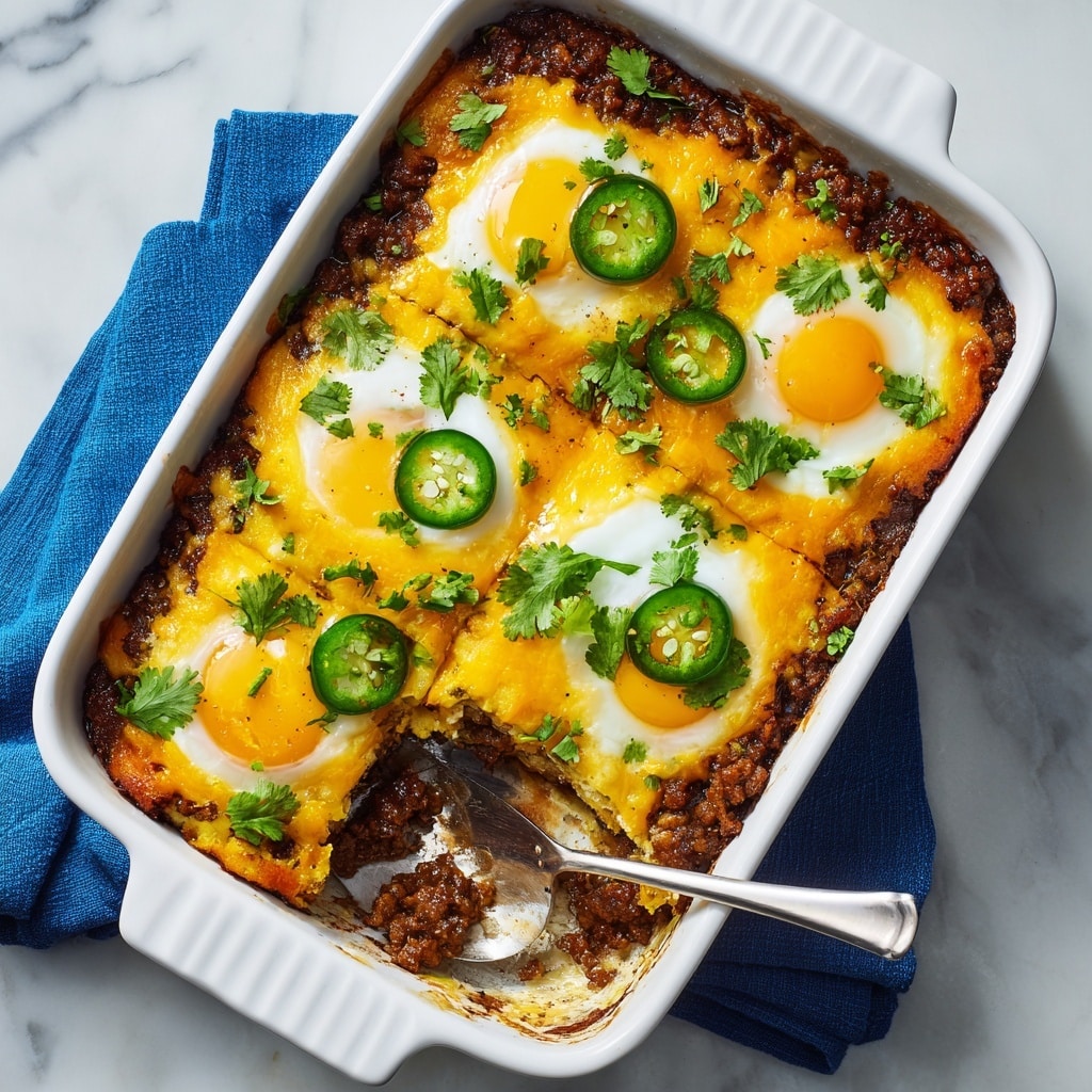 A black skillet filled with a layered dish starting with a base of dark brown beans mixed with sauce, topped by a layer of melted orange-yellow cheddar cheese covering most of the surface. Five sunny-side-up eggs with bright yellow yolks and white, soft edges are spaced evenly on top of the cheese. Slices of green avocado are placed over the eggs and cheese, along with thin slices of green jalapeño scattered across the dish. Small sprinkles of red chili flakes and finely chopped green herbs are sprinkled all over, adding color contrast. The skillet rests on a white marbled surface, with a half-cut jalapeño, sliced jalapeños, and a small bowl of red chili flakes nearby. A folded green cloth is placed near the skillet handle. Photo taken with an iphone --ar 4:5 --v 7