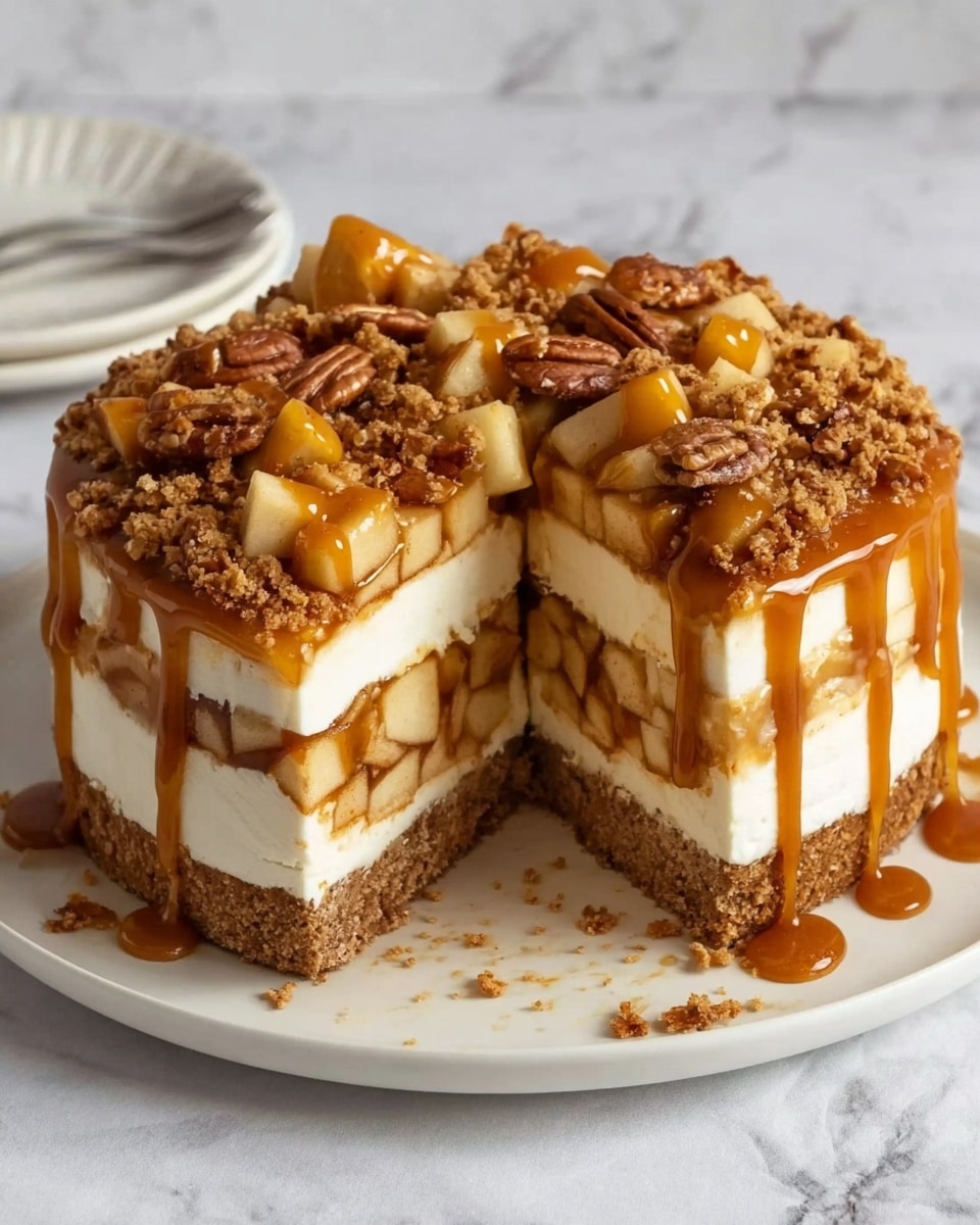The image shows a slice of a round dessert cake on a white plate, placed on a white marbled surface. The cake has several layers: at the bottom, there is a dense brown crumbly crust; above that, a thick creamy white layer; then a chunky layer filled with small diced apple pieces; topped by a rich caramel sauce that drips down the sides, with scattered pecans and a crumbly nut topping covering parts of the surface. One slice is cut out, showing all the layers clearly, and the slice itself has the same layers visible. Photo taken with an iphone --ar 4:5 --v 7