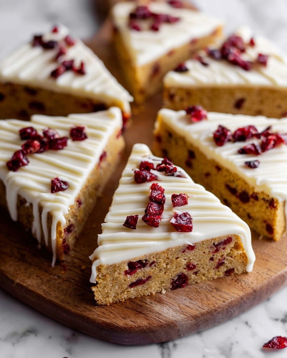 The image shows several triangular pieces of cake arranged on a wooden board placed on a white marbled surface. Each cake piece has two layers: the bottom layer is a light brown cake with visible pieces of red dried cranberries mixed inside, and the top layer is a smooth white frosting drizzled with more white icing in thin stripes. Scattered on top and around the cakes are small chunks of dried red cranberries, adding a pop of color and texture. The cake pieces are set close to each other, with one piece slightly in front making it the focus. Photo taken with an iphone --ar 4:5 --v 7