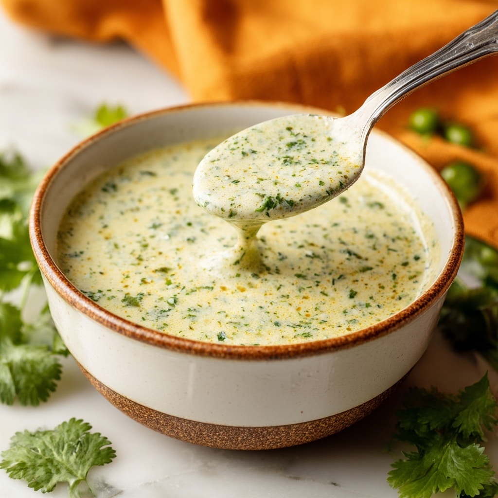A white bowl with a brown rim holds a thick, creamy sauce that is light green with tiny dark green specks, showing a smooth and slightly chunky texture; a metal spoon lifts some of the sauce from the center of the bowl. Around the bowl on a white marbled surface are scattered pieces of dark green pepper, some fresh cilantro leaves, and an orange cloth blurred in the background. Photo taken with an iphone --ar 4:5 --v 7