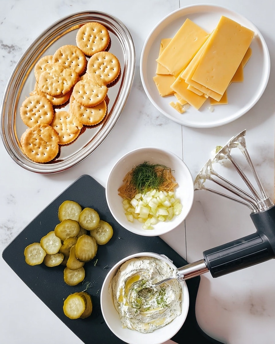 The image shows several small sandwich-like snacks stacked on a white plate, featuring three main layers: the bottom and top layers are golden crispy and slightly browned, textured pieces that look like fried or baked rounds, the middle layer is a thick slice of green cucumber, and beneath the cucumber is a white creamy layer, likely cheese or a spread. Each snack is topped with a small sprig of fresh green dill, adding a touch of color and texture contrast. The background is a white marbled surface. Photo taken with an iphone --ar 4:5 --v 7