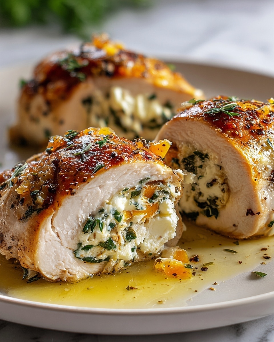 Two grilled chicken breasts are cut open and filled with a creamy white and green spinach mixture, creating a thick layered look with the filling visible between the top and bottom parts of the chicken. The chicken's top surface is golden brown with some darker grilled spots. On the white plate next to the chicken, several bright red cherry tomato halves and a few light green lime wedges are arranged. To the side, a small black bowl holds a thick white sauce sprinkled with some herbs and a small green sprig on top. The whole setup is placed on a white marbled surface. photo taken with an iphone --ar 4:5 --v 7
