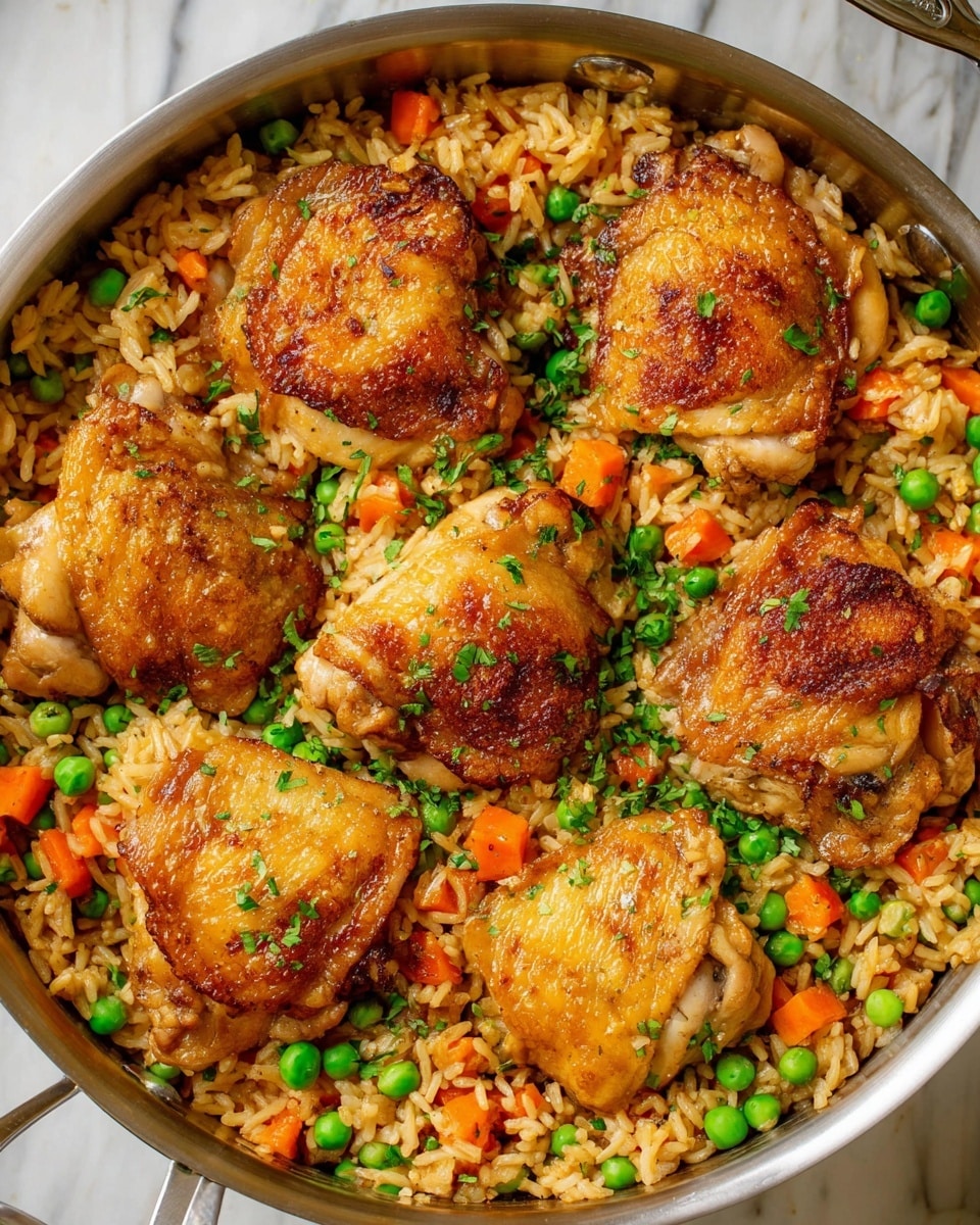 A metal pan filled with a dish showing seven large pieces of golden-brown cooked chicken thighs on top. Beneath and around the chicken, there is a layer of cooked rice mixed with small bright green peas and orange carrot cubes. The rice has a slightly glossy texture with light brown seasoning. Fresh green herbs are sprinkled lightly over the chicken and rice, adding spots of bright green color. The pan is placed on a white marbled textured surface. Photo taken with an iphone --ar 4:5 --v 7