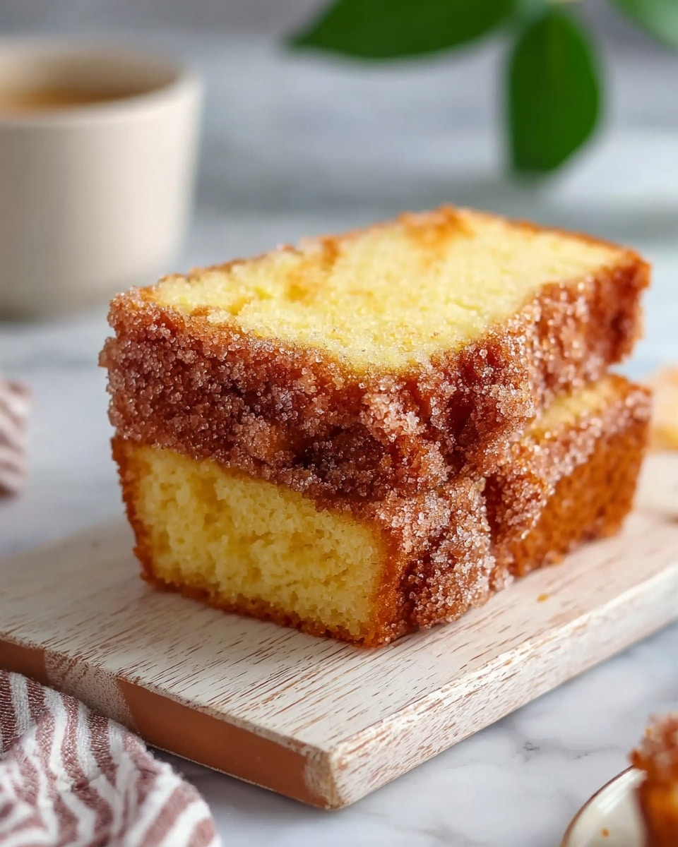 The image shows a close-up of a small loaf cake with two visible layers: the bottom layer is a dense, golden brown bread-like cake with a slightly darker crust around the edges, and the top layer is a crumbly, golden streusel with a light, creamy filling peeking through in parts, giving a contrast of soft white and golden textures; the cake sits on a metal cooling rack placed over a white marbled surface, with a blurred second loaf in the background, all lit warmly to highlight the textures. photo taken with an iphone --ar 4:5 --v 7