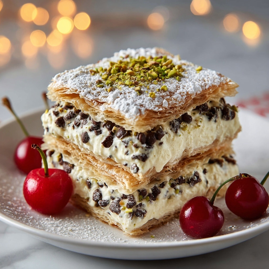 The image shows two square slices of a layered dessert stacked on a white plate, set on a white marbled surface. Each slice has three layers: the bottom and top layers are light golden brown cake with a slightly crumbly texture, and the middle layer is creamy white filling studded with small dark chocolate chips throughout. The top surface is sprinkled with powdered sugar and a few extra chocolate chips scattered on and around the slices. Soft warm lighting creates a cozy and inviting look. Photo taken with an iphone --ar 4:5 --v 7