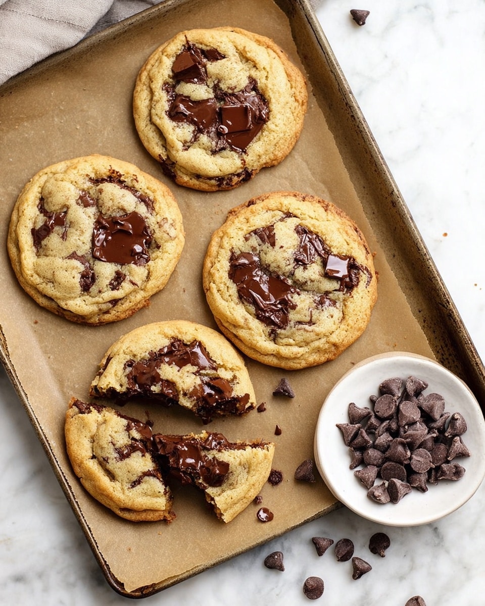 A baking tray lined with brown parchment paper holds four thick, golden-brown chocolate chip cookies, each with a slightly cracked surface showing a soft, chewy texture inside. One cookie is broken in half, revealing melted dark chocolate chunks oozing from the center. The cookies are studded with glossy, dark brown chocolate chips on top, scattered unevenly but richly. To the right of the tray, there is a small white plate piled with more dark chocolate chips, some spilled onto the tray and the white marbled surface below. Photo taken with an iphone --ar 4:5 --v 7