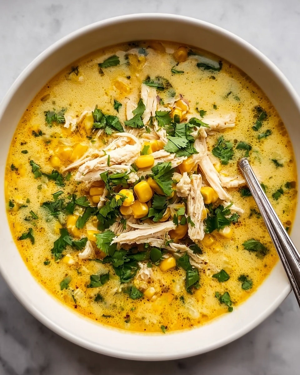 A white bowl filled with a bright orange creamy soup, divided into three main sections: on the left, yellow corn kernels swim in the soup with some sprinkled green herbs; in the middle, fresh chopped green herbs add a vibrant contrast; on the right, shredded white chicken meat is mixed with herbs, layered gently over the soup. The soup base is smooth with a few visible green and orange specks, giving it a rich, textured look, all sitting on a white marbled surface. Photo taken with an iphone --ar 4:5 --v 7