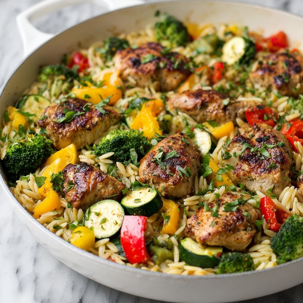 The dish is a colorful mix served in a white bowl filled mostly with small pasta pieces, pale yellow and shiny, spread evenly as the base layer. Scattered on top are browned, grilled chicken pieces with a slightly crispy texture and white inside, interspersed with fresh green broccoli florets and bright red and orange bell pepper chunks. Small diced green peas and tiny bits of zucchini add extra green touches throughout. The dish is sprinkled with finely grated white cheese and fresh chopped herbs, creating a visually rich and inviting meal. The bowl sits on a white marbled surface, photo taken with an iphone --ar 4:5 --v 7