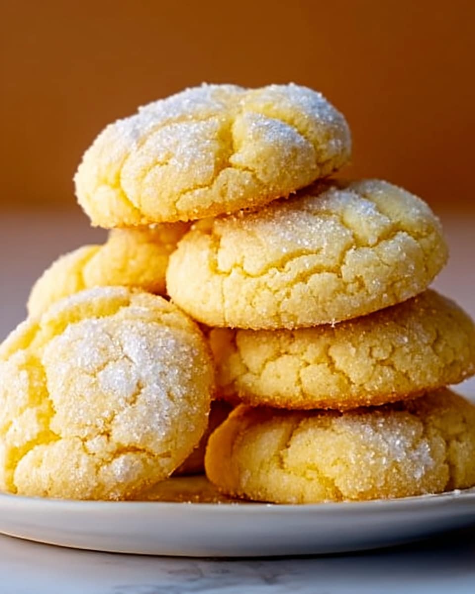 A close-up image of a stack of soft, round cookies piled on a white plate. There are about two layers of cookies, each cookie a light golden yellow color with a slightly cracked texture on top, showing a soft interior. The cookies have a dusting of white sugar crystals that sparkle slightly on top. The background is a smooth, warm brown tone that highlights the cookies, while the plate sits on a white marbled surface. photo taken with an iphone --ar 4:5 --v 7