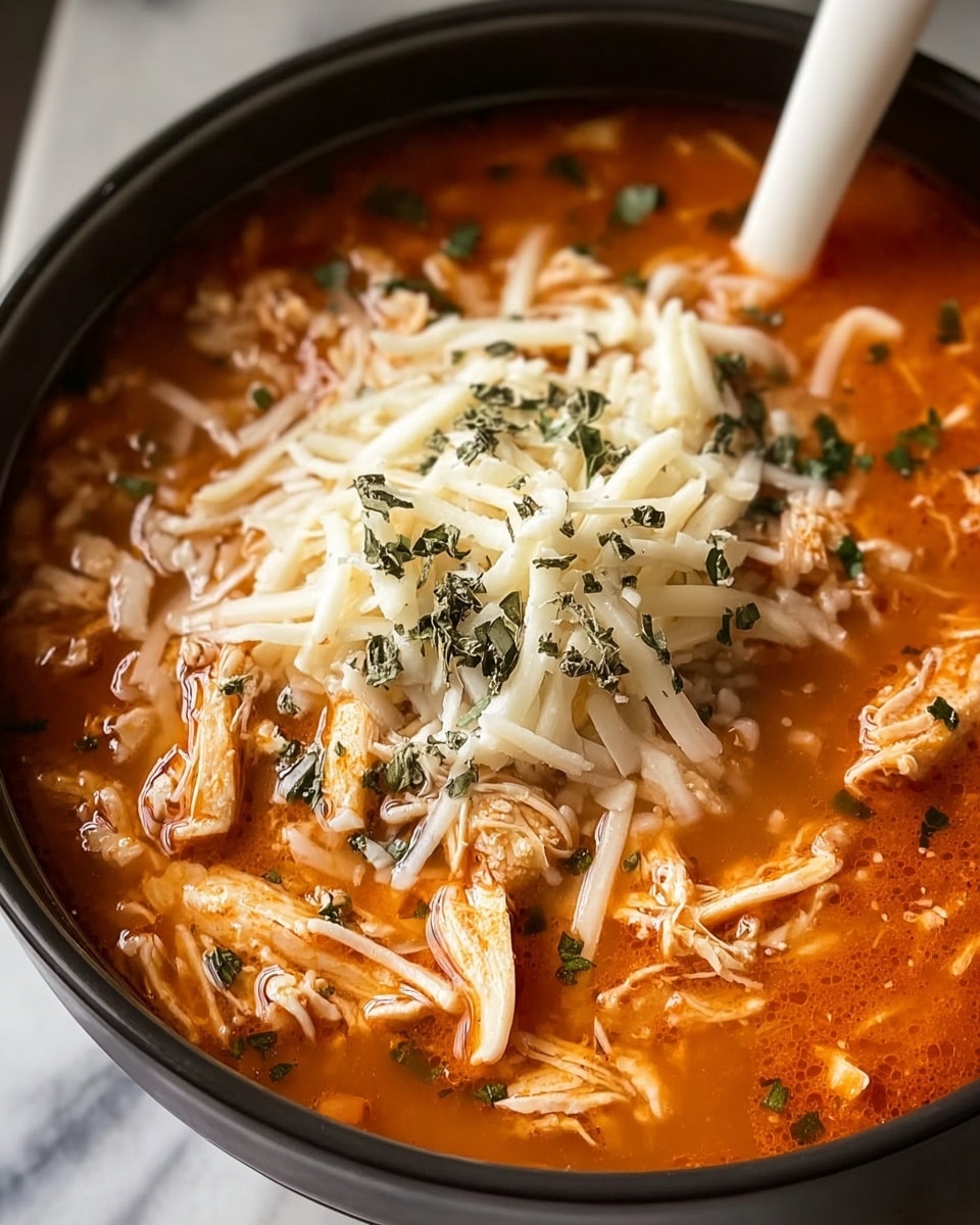 A close-up view of a dark bowl filled with a rich orange-red broth soup as the base layer, mixed with shredded light brown chicken pieces scattered throughout. On top, there is a generous pile of white shredded cheese, softly melting into the hot soup, and sprinkled with small bits of dark green herbs spread evenly over the cheese and chicken. A white spoon is partially dipped into the soup from the right side. The bowl is placed on a surface with a white marbled texture. photo taken with an iphone --ar 4:5 --v 7