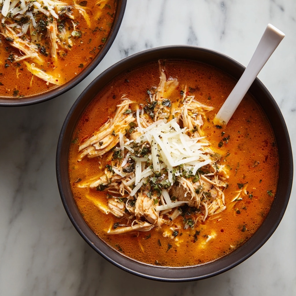 A close-up of a black bowl filled with a thick orange-colored soup with visible pieces of shredded chicken throughout. On top, there is a generous pile of grated pale yellow cheese sprinkled with small bits of finely chopped green herbs. A silver spoon is dipped into the soup on the right side of the bowl. The bowl is placed on a white marbled surface. photo taken with an iphone --ar 4:5 --v 7