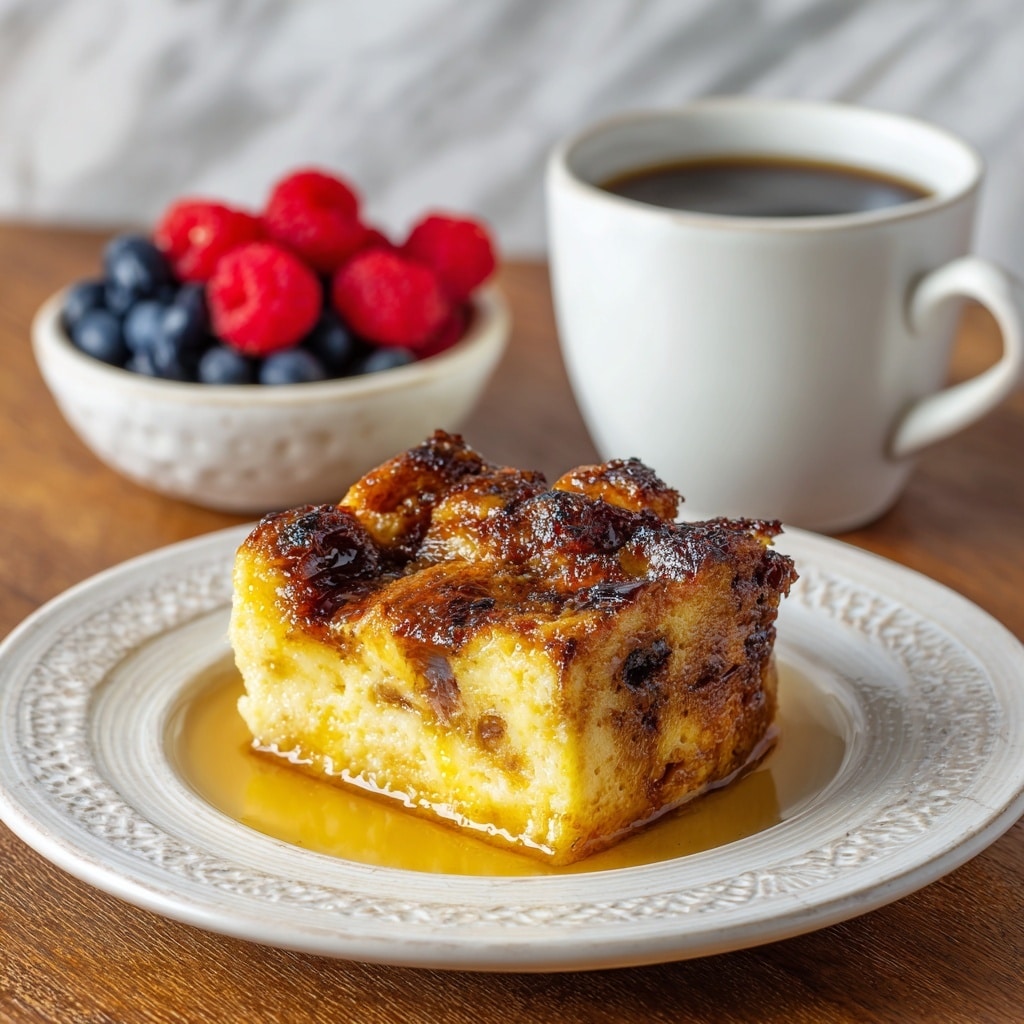 A baked bread pudding with a textured golden-brown crust featuring some darker toasted spots is seen in a white square baking dish resting on a light knitted cloth on a wooden table. A single portion of the bread pudding, showing soft yellow and slightly moist interior with a rough brown crust on top, sits on a white round plate with a detailed rim pattern, surrounded by a light pool of syrup. Nearby, there is a white ceramic mug filled with black coffee and a small white bowl filled with fresh red raspberries and dark blue blueberries, all placed on the wooden table. The background is a white marbled texture. photo taken with an iphone --ar 4:5 --v 7
