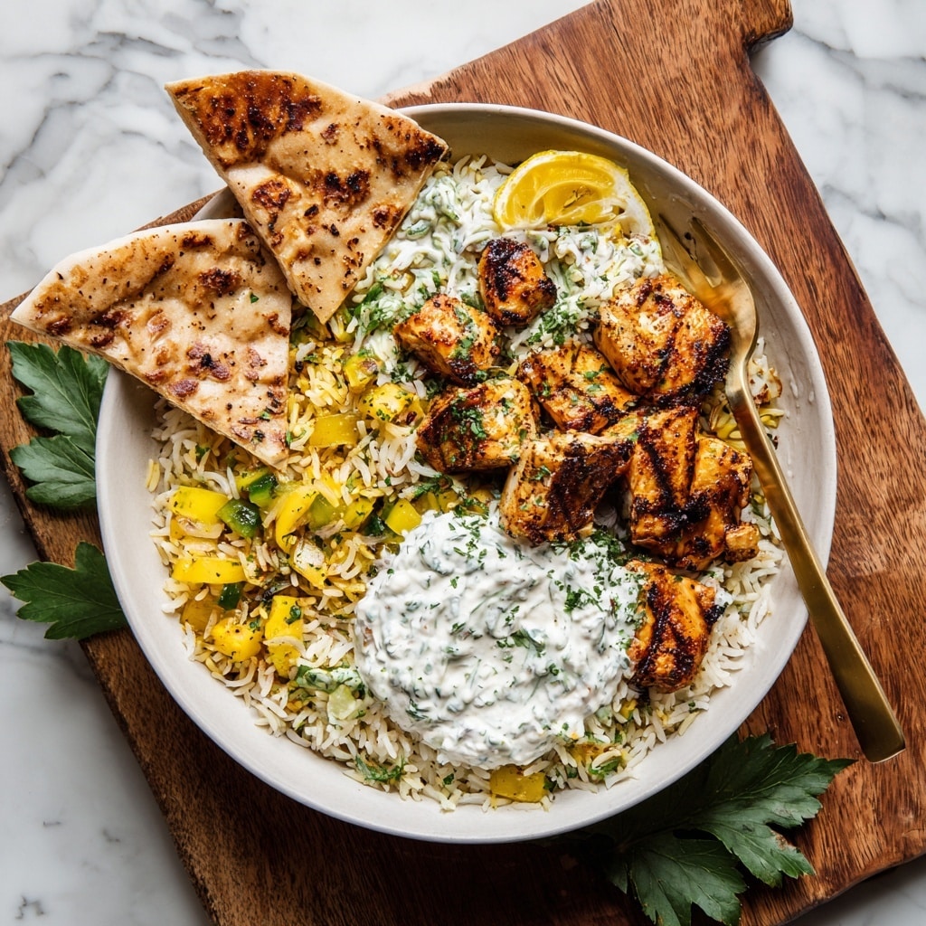 A white bowl filled with a base layer of creamy yellow rice that looks soft and fluffy, topped with several pieces of golden-brown grilled chicken chunks seasoned with herbs. On the side, there is a small scoop of white creamy sauce mixed with green herbs, placed beside a wedge of lemon. A silver fork rests inside the bowl, partially visible. The bowl is set on a white marbled surface. Photo taken with an iphone --ar 4:5 --v 7