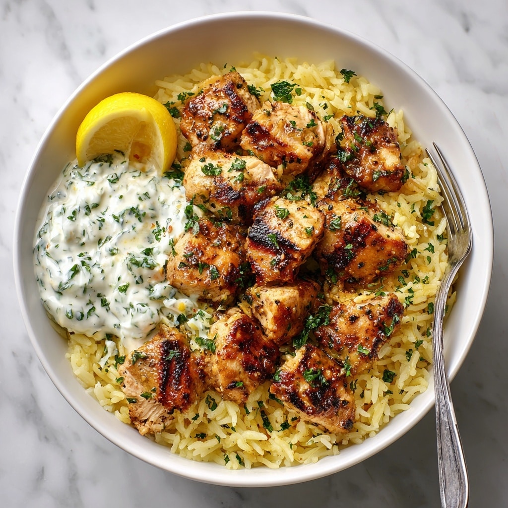 The image shows a round white bowl filled with layers of food. At the bottom, there is a mix of white and yellow rice with a fluffy texture. On top of the rice, there are grilled pieces of golden brown chicken mixed with chopped green herbs and yellow bell peppers. A scoop of creamy white sauce with green flecks sits on one side of the bowl. Two triangular pieces of toasted flatbread, browned and slightly charred, rest on the edge of the bowl. A golden spoon is placed upright inside the bowl, and a wedge of lemon is positioned beside the sauce. The bowl is set on a wooden board over a white marbled surface with some green leaves surrounding it. photo taken with an iphone --ar 4:5 --v 7