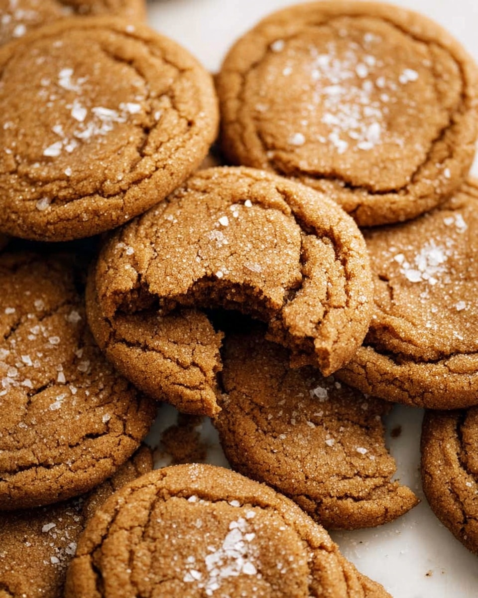 A white plate filled with about nine round, golden brown cookies with a slightly cracked surface and a few salt flakes on top. To the side of the plate, another cookie rests beside a small white bowl filled with light brown sugar, and two cinnamon sticks lay on the white marbled surface nearby. Some green eucalyptus leaves are arranged around the plate, adding a touch of color. The lighting is soft and natural, highlighting the cookies' texture. Photo taken with an iphone --ar 4:5 --v 7