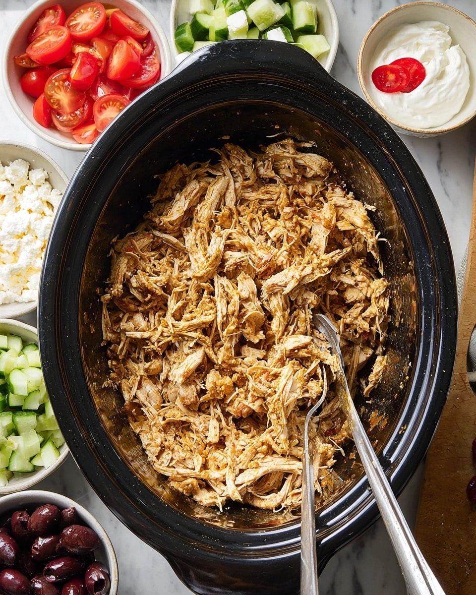 The image shows a flat round bread base topped with several layers: a spread of creamy white sauce, pieces of cooked chicken with a brownish texture scattered over the top, fresh green lettuce leaves, slices of bright red tomato, and small dollops of white sauce. To the right, there is a white rectangular dish filled with shredded cooked chicken, with a spoon inside it. On the top left, a white bowl contains more creamy white sauce, and a white bowl with some red sauce is partially visible. Another small white bowl holds sliced cucumbers. All the food is placed on a white marbled surface. Photo taken with an iphone --ar 4:5 --v 7