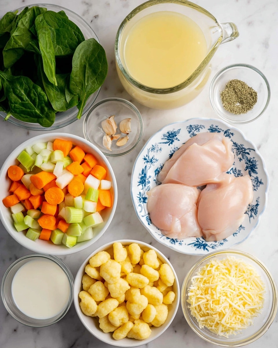 A white bowl filled with creamy soup featuring three main layers: the base is a thick white broth with a smooth texture, the middle layer includes tender gnocchi pieces in light yellow, and the top layer shows a mix of shredded chicken, chopped orange carrots, and dark green leafy spinach, all sprinkled with small bits of fresh parsley. The bowl is placed on a light beige cloth with fringed edges, resting on a wooden board. To the right are two halves of a crusty light brown baguette. A gold spoon lies to the left of the bowl on the cloth. In the background, a textured dark glass filled with a dark beverage and ice sits next to a small white bowl of shredded light yellow cheese. A white ceramic container with wooden spoons and a green leafy plant are also partly visible. The whole setup is on a white marbled surface. photo taken with an iphone --ar 4:5 --v 7