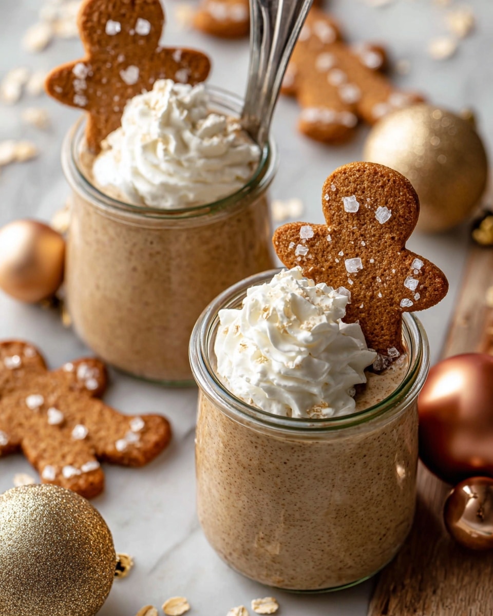 The image shows two small glass jars filled with a thick light brown creamy mixture, each topped with a swirl of white whipped cream. A gingerbread cookie, shaped like a small person and sprinkled with coarse sugar, is placed upright in the whipped cream of each jar. The jars sit on a dark wooden table scattered with more gingerbread cookies and shiny Christmas ornaments in gold and bronze hues. A shiny silver spoon with engraved text lies near the closest jar. The background is softly blurred with warm lighting and a white marbled texture on the table surface. photo taken with an iphone --ar 4:5 --v 7