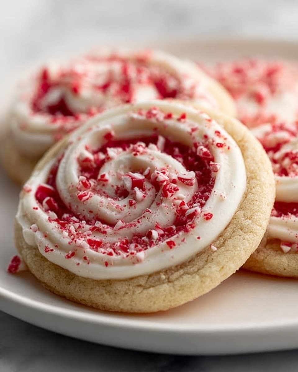 The image shows a close-up of three round swirled cookies on a white plate, sitting on a white marbled surface. Each cookie has a light golden base with a visible spiral of red filling inside. On top, a thick layer of white icing is spread, decorated with small crushed red and white candy pieces. The textures show the soft icing, crumbly cookie edges, and rough candy bits. Photo taken with an iphone --ar 4:5 --v 7