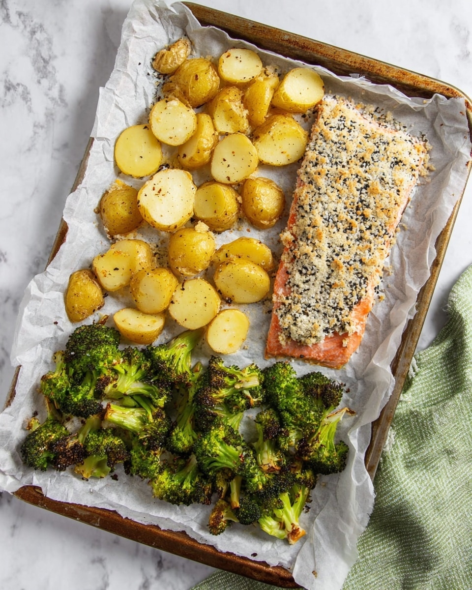A close-up of a cooked salmon fillet showing three main layers: the bottom layer is the soft pink cooked salmon with a flaky texture, above that is a thin creamy white sauce layer, and the top layer is a sprinkled blend of white, black, and golden sesame seeds adding texture and color contrast. The salmon sits on a white marbled surface with blurred green and yellow background elements. Photo taken with an iphone --ar 4:5 --v 7