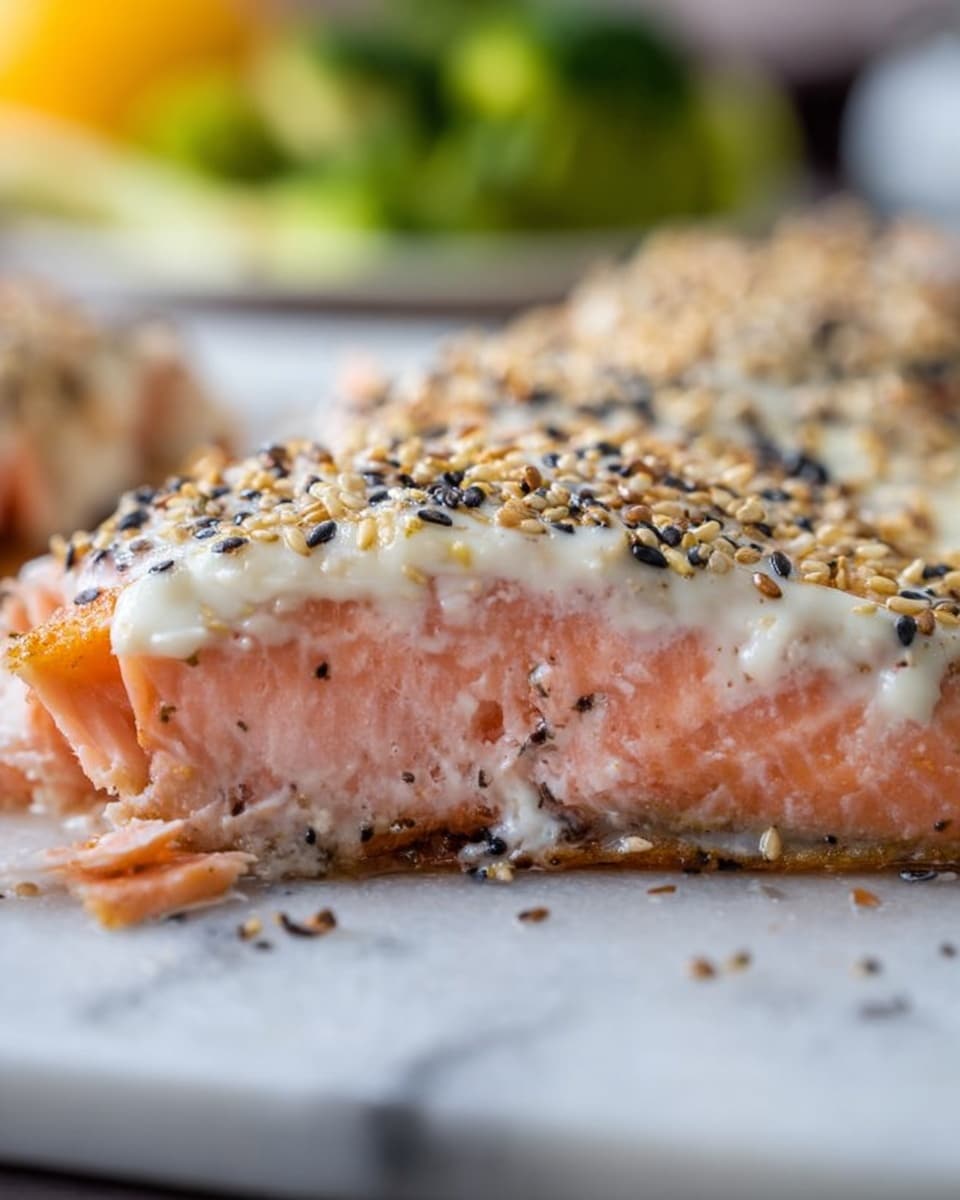 A metal baking tray lined with wrinkled white parchment paper holds a cooked meal with three distinct parts. At the top, there are many golden-yellow small round potato slices lightly browned and seasoned with black pepper. In the center, there is a large salmon fillet topped with a crumbly white crust mixed with black and white sesame seeds, giving it a textured look. At the bottom, bright green roasted broccoli florets with some crisp dark edges fill the space. The whole scene is set on a white marbled surface with a green and white cloth visible on the right edge. photo taken with an iphone --ar 4:5 --v 7