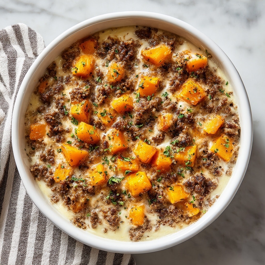 A white oval dish filled with a layered casserole. The bottom layer is creamy and white, topped with a cooked ground meat layer that has a crumbly texture and brown color. On top are bright orange chunks of cooked squash evenly spread across the dish. The surface is garnished with small green herb flakes, adding contrast. The dish sits on a white marbled texture surface with a striped cloth nearby. Photo taken with an iphone --ar 4:5 --v 7