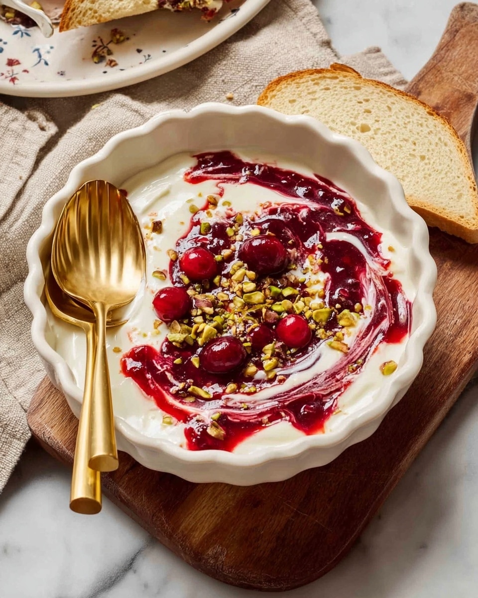 A white scalloped bowl filled with smooth white yogurt as the base layer, swirled with a glossy deep red berry sauce forming a spiral pattern on top. The surface is sprinkled with chopped green pistachios and small bits of crushed nuts, adding texture and color contrast. The bowl sits on a wooden board with a white marbled textured background, surrounded by small white bowls containing crushed nuts and red sauce, along with two whole red berries and a glass of water. photo taken with an iphone --ar 4:5 --v 7