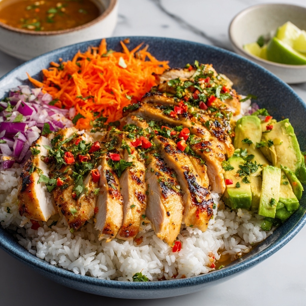 A white bowl holds a colorful grilled chicken rice bowl with five distinct layers. The base layer is white rice, fluffy and soft, covering the bottom. On one side, there are bright green sliced avocado pieces neatly fanned out. Next to the avocado, finely shredded orange carrots add a fresh, crunchy texture. In the center, grilled chicken pieces, marked with dark grill lines, are glazed and garnished with chopped herbs, giving a shiny and smoky look. On the opposite side, there are orange roasted sweet potato wedges. Small bits of chopped greens and a drizzle of sauce complete the bowl, held by a woman's hand against a white marbled background. photo taken with an iphone --ar 4:5 --v 7